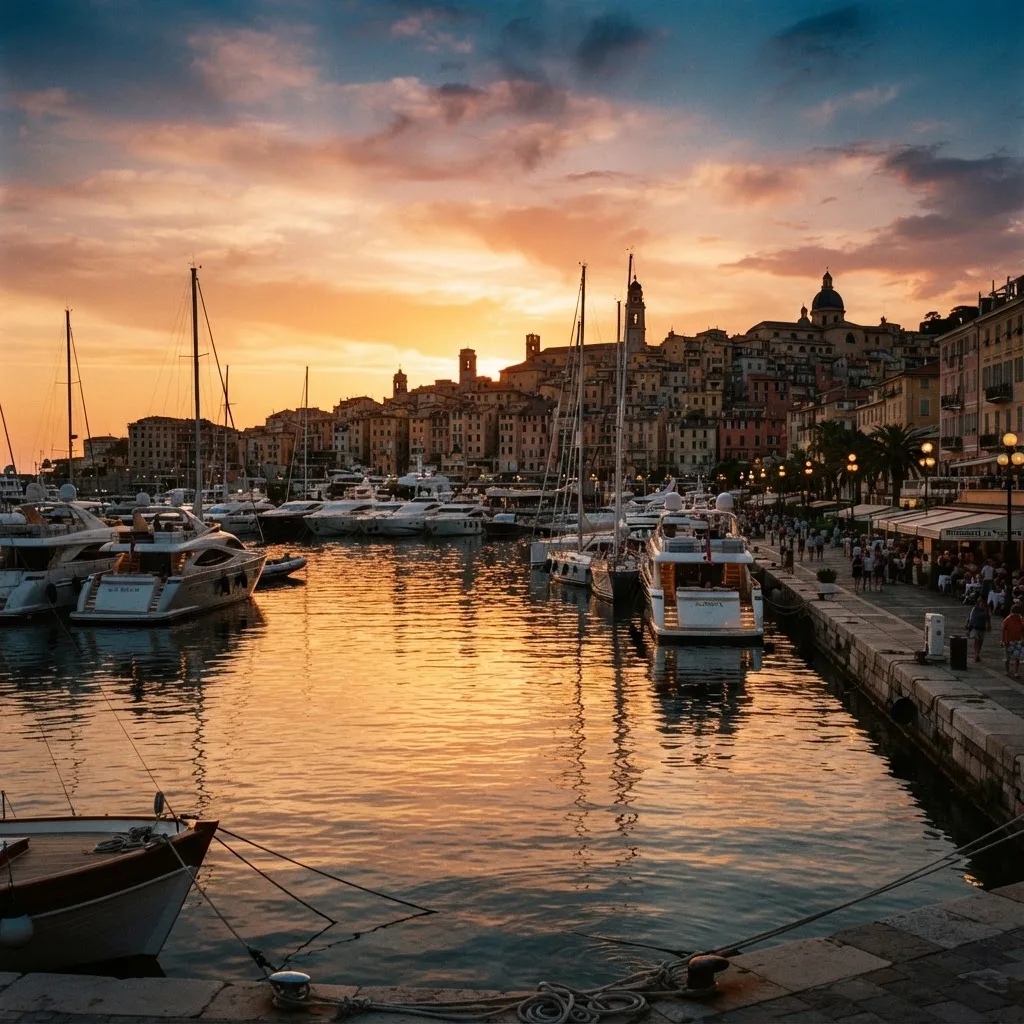 Hafen von Sanremo bei Sonnenuntergang (KI-generiertes Bild)